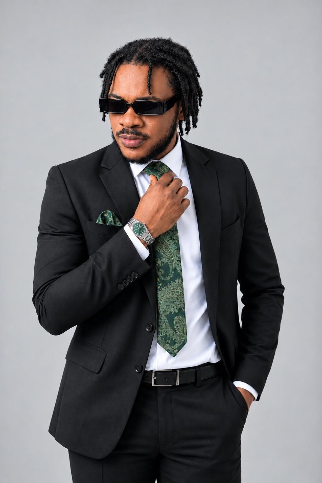 Portrait of Agagu Sunday Oluwafemi in a dark suit and green tie